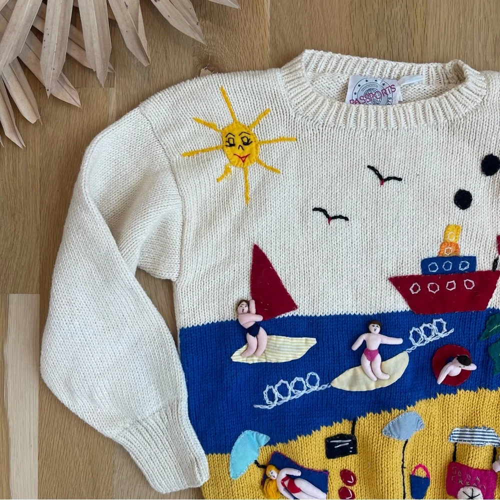 Vintage Passports Pier 1 Imports Beach Surfing 3D Knit Cream Peru Cotton Sweater